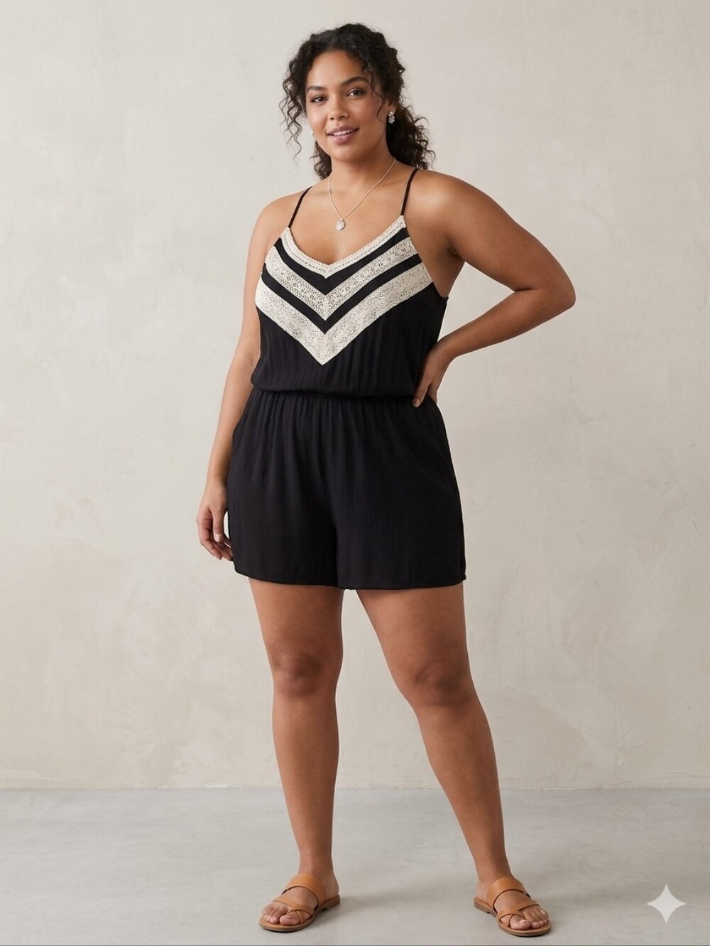 maurices - Black Spaghetti Strap Romper with Cream Chevron Lace